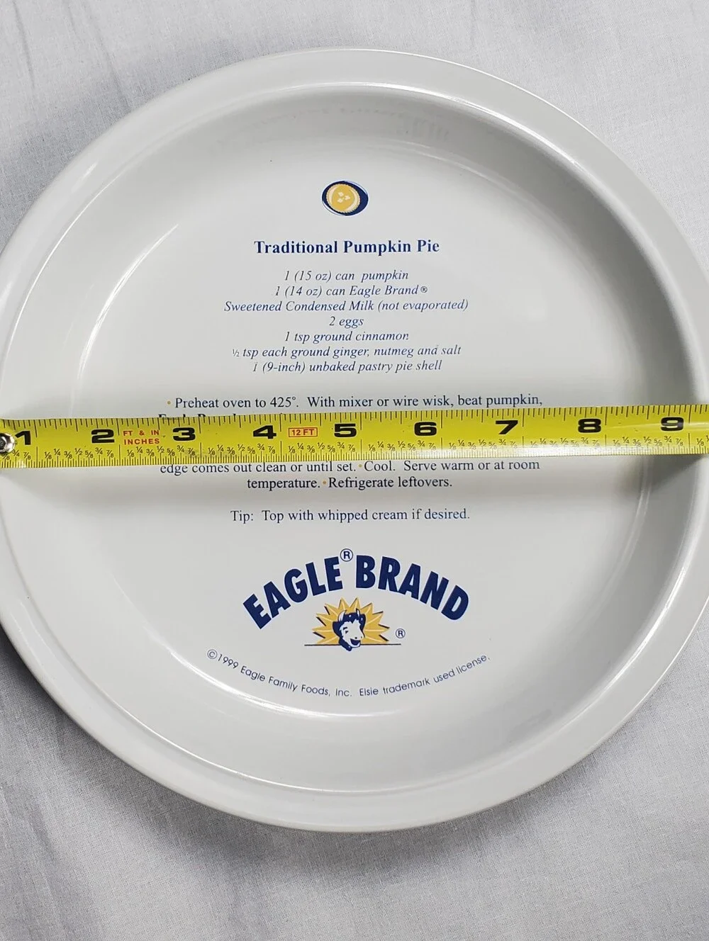Eagle Brand Ceramic Pie Plate Traditional Pumpkin Pie Recipe Woodmere China '99
